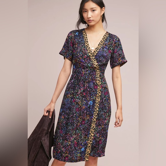 Anthropologie Dresses & Skirts - Maeve Anthropologie Morgan Black Floral Leopard Short sleeve Dress Size 12